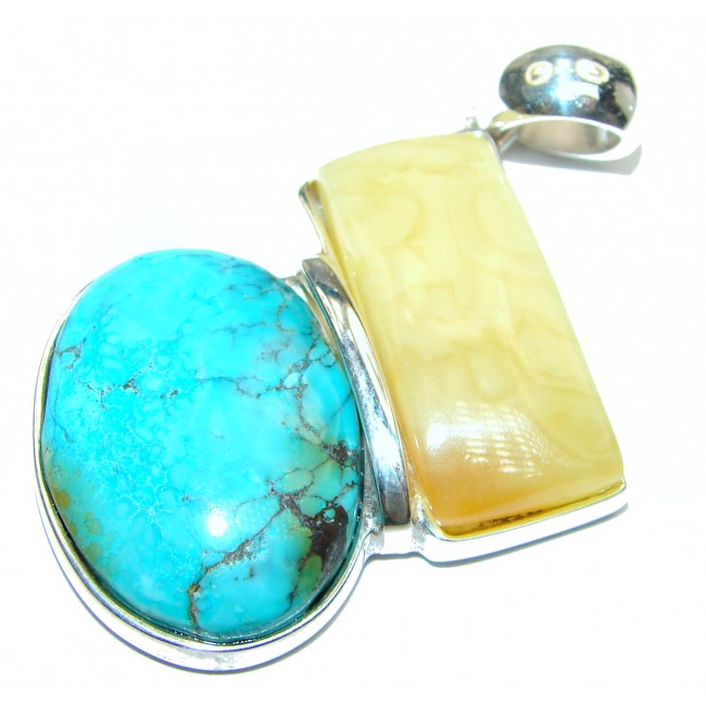 Large Exquisite authentic Turquoise Butterscotch Amber .925 Sterling Silver handmade Pendant