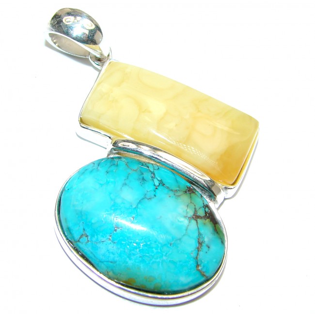 Large Exquisite authentic Turquoise Butterscotch Amber .925 Sterling Silver handmade Pendant