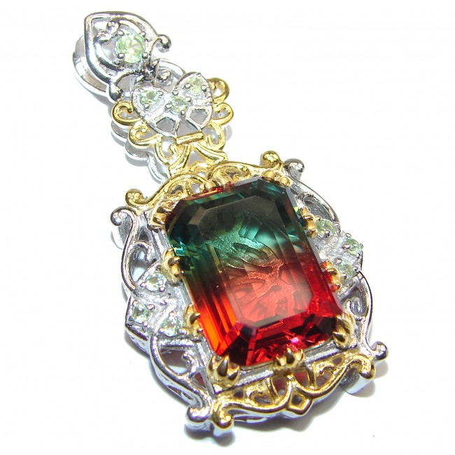 Deluxe emerald cut Tourmaline color Topaz 18K Gold over .925 Sterling Silver handmade Pendant
