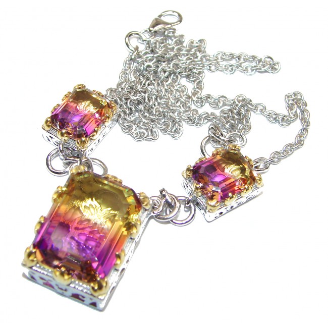 Emerald cut Ametrine 18K Gold over .925 Sterling Silver handcrafted necklace