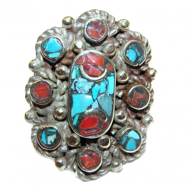 Natural Fossilized Coral Turquoise .925 Sterling Silver handmade ring s. 7