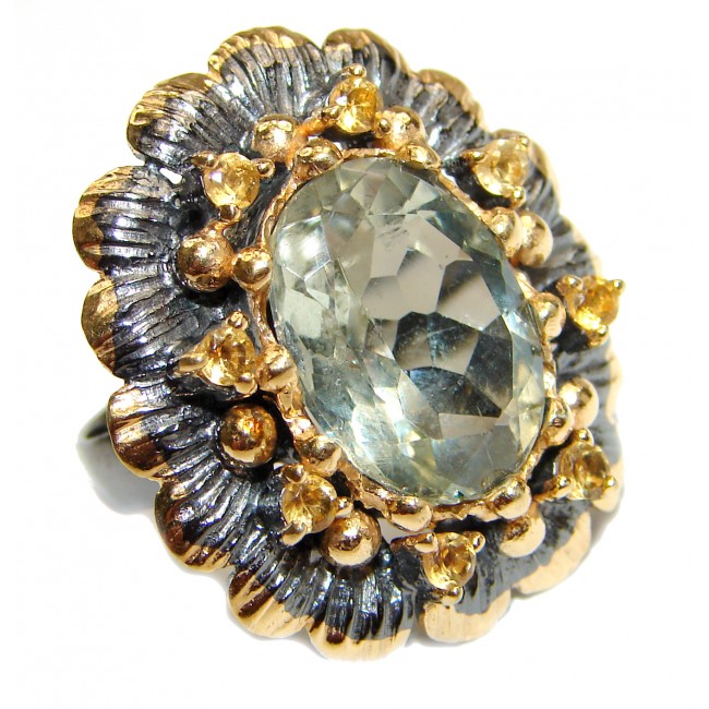 Huge Green Amethyst 14K Gold over .925 Sterling Silver handcrafted ring; s. 8