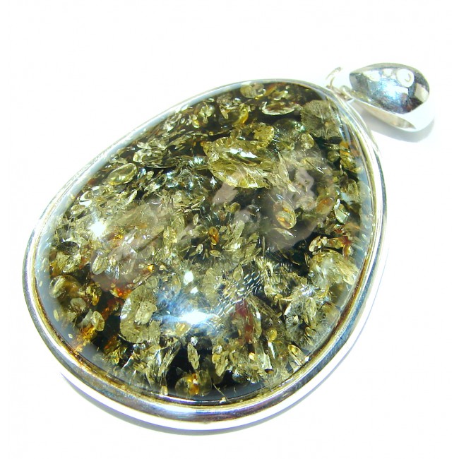 Big Natural Baltic Green Amber .925 Sterling Silver handmade Pendant