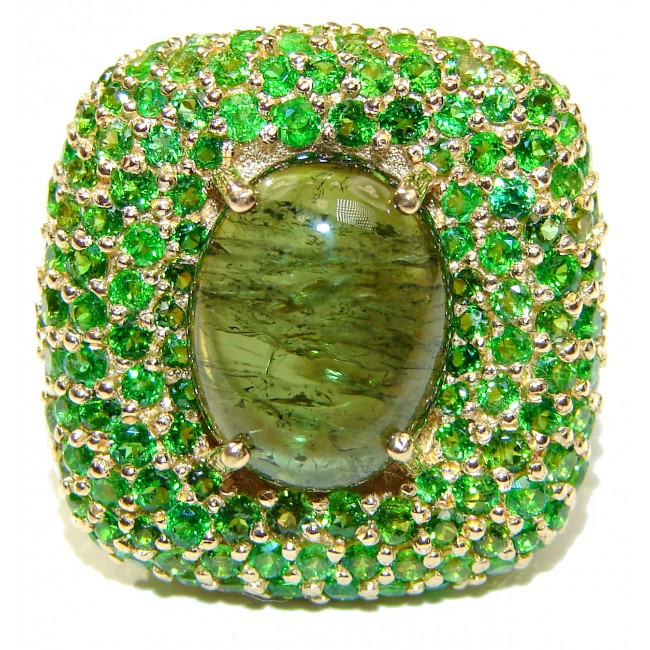 Spectacular Genuine 20ctw Green Tourmaline 24K Gold over .925 Sterling Silver handcrafted Statement Ring size 8 1/4
