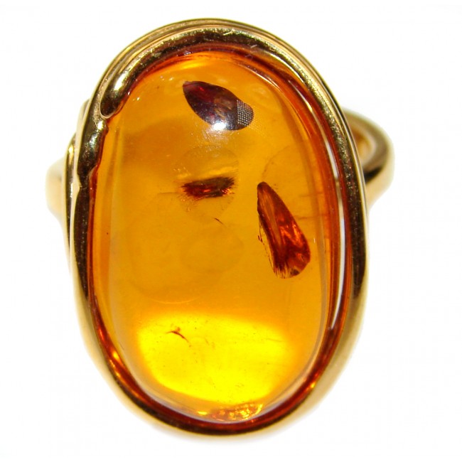 LARGE Genuine Baltic Amber 18K Gold over .925 Sterling Silver handmade Ring size 8 adjustable