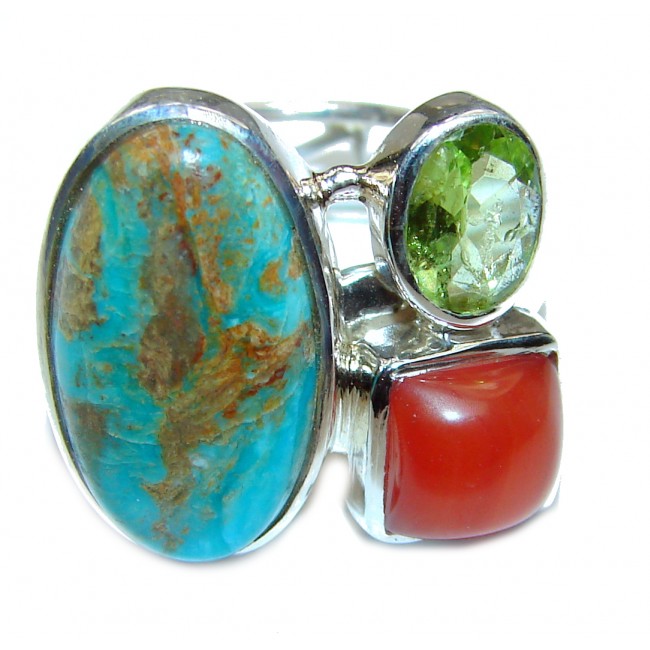 Turquoise .925 Sterling Silver handcrafted ring; s. 7 adjustable