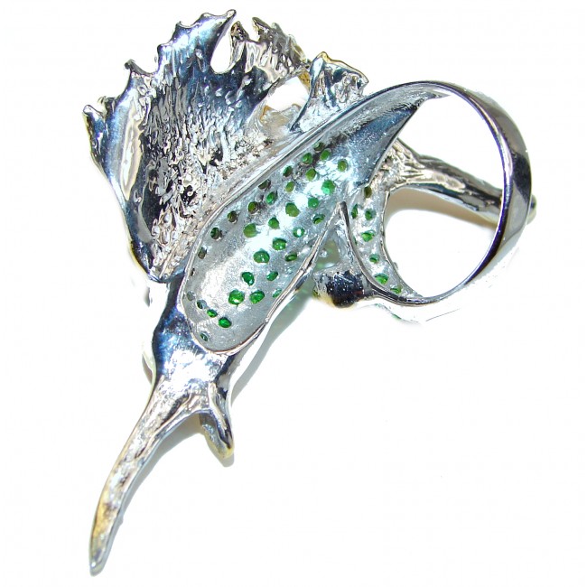 Atlantic Blue marlin Emerald Ruby .925 Sterling Silver handcrafted Statement LARGE Ring size 8