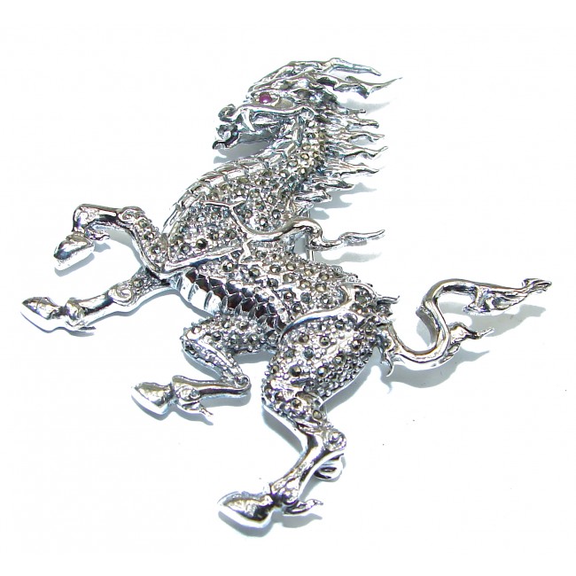 Huge Protective Dragon Marcasite .925 Sterling Silver handmade Pendant Brooch