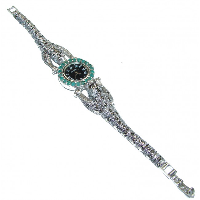 Precious Cheetah Emerald Marcasite .925 Sterling Silver handmade Bracelet Watch