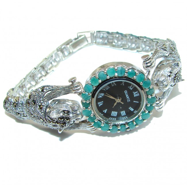 Precious Cheetah Emerald Marcasite .925 Sterling Silver handmade Bracelet Watch