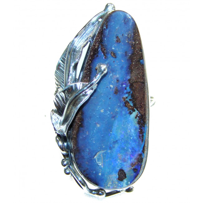 Large Best Quality Australian Boulder Opal .925 Sterling Silver handcrafted ring size 8 adjustable