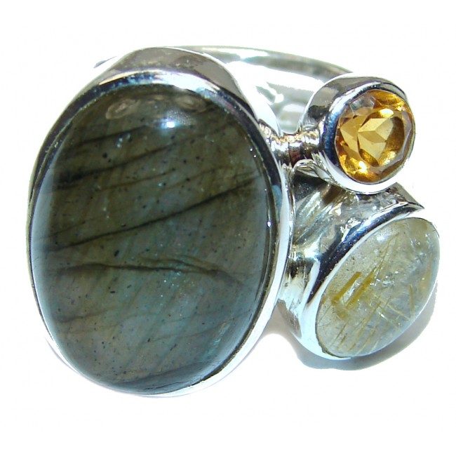 Genuine Labradorite .925 Sterling Silver handmade Cocktail Ring s. 8 adjustable