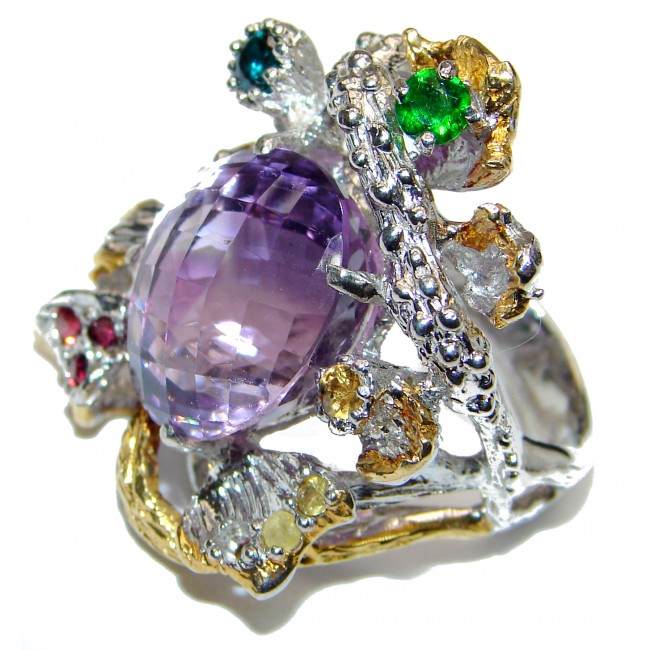 Large Royal style Natural Amethyst 18K Gold over .925 Sterling Silver handcrafted ring size 8