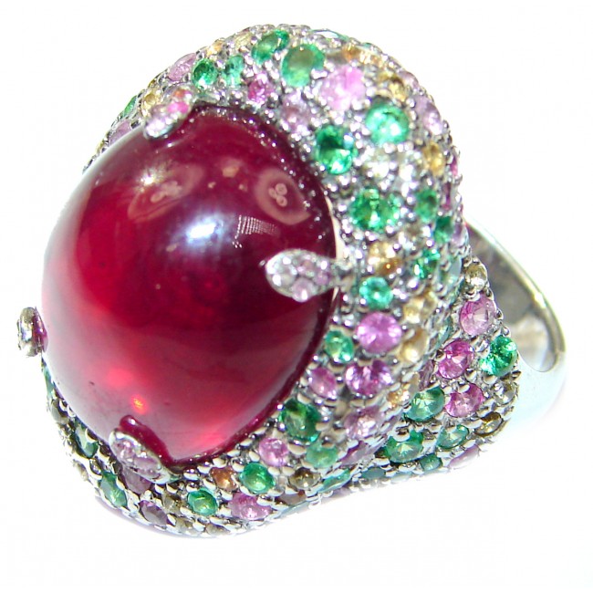Large Genuine 32ctw Ruby Emerald .925 Sterling Silver handcrafted Statement Ring size 7 3/4