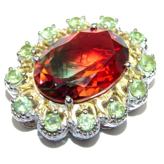 Deluxe Oval cut Tourmaline color Topaz 18K Gold over .925 Sterling Silver handmade Pendant