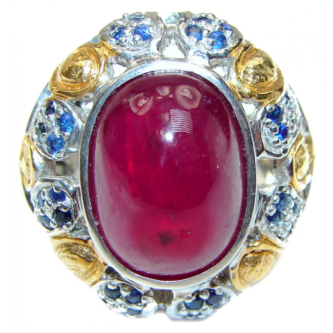 Large Genuine 32ctw Ruby Sapphire 18K Gold over .925 Sterling Silver handcrafted Statement Ring size 8