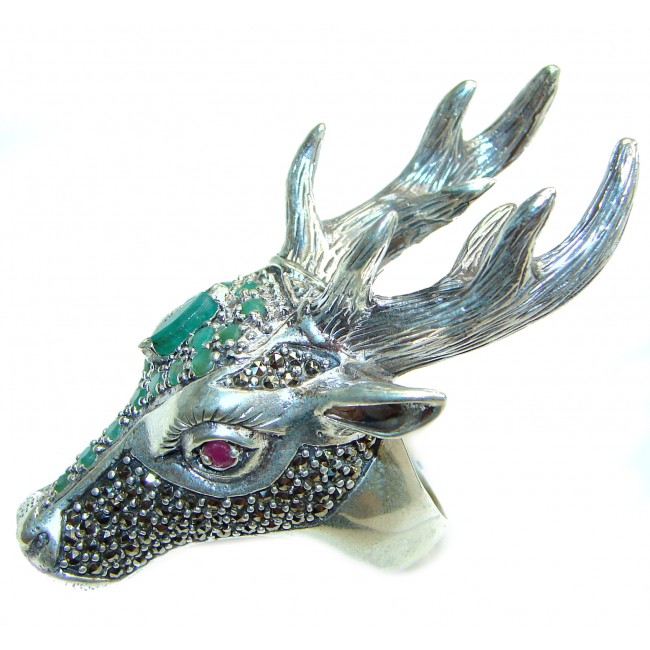Large Deer Head Emerald Ruby .925 Sterling Silver handmade Ring size 9 3/4
