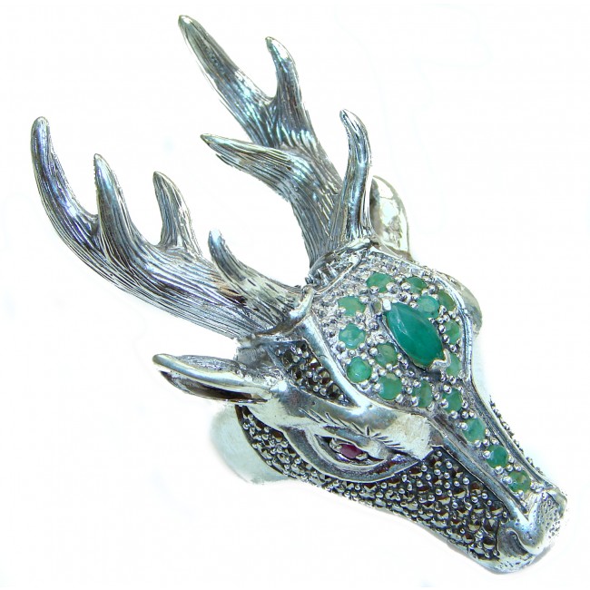 Large Deer Head Emerald Ruby .925 Sterling Silver handmade Ring size 9 3/4