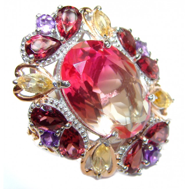 HUGE Oval cut Pink Tourmaline 18K Gold over .925 Sterling Silver handcrafted Ring s. 6 1/2