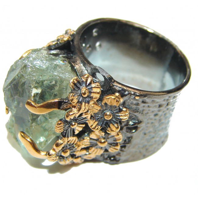 Huge Natural Rough Green Amethyst 14K Gold over .925 Sterling Silver handmade Statement Ring s. 7 3/4