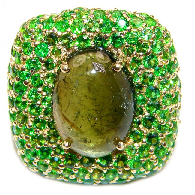Spectacular Genuine 20ctw Green Tourmaline 24K Gold over .925 Sterling Silver handcrafted Statement Ring size 6