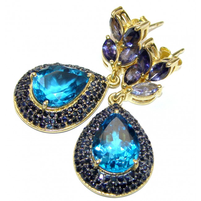 Exclusive genuine London Blue Topaz 18K Gold over .925 Sterling Silver handcrafted LARGE earrings