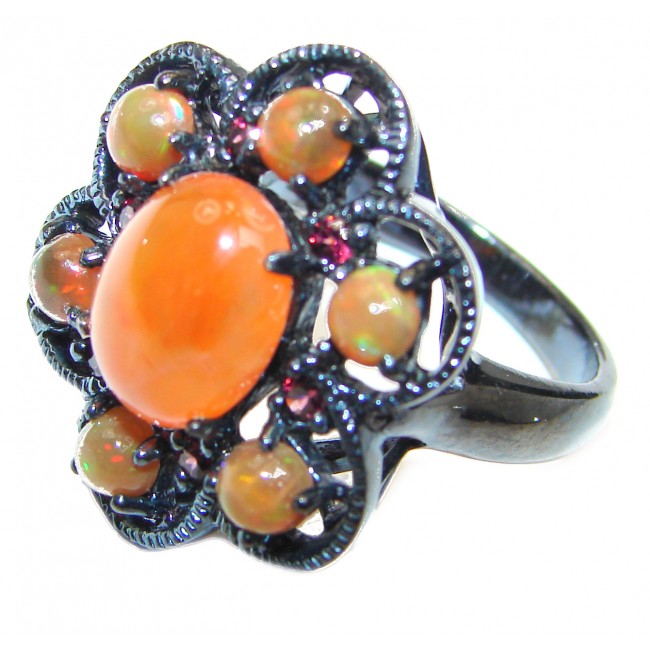 Dazzling natural Mexican Precious Fire Opal black rhodium over .925 Sterling Silver handcrafted ring size 8 1/4