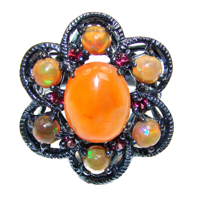 Dazzling natural Mexican Precious Fire Opal black rhodium over .925 Sterling Silver handcrafted ring size 8 1/4
