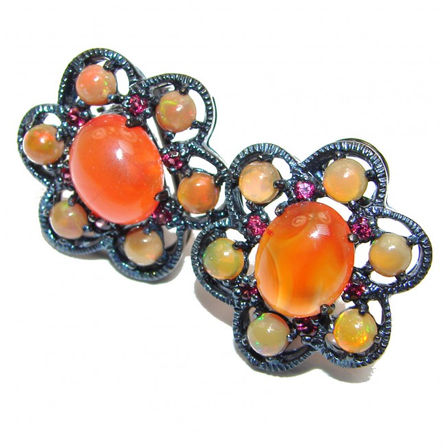 Dazzling natural Mexican Precious Fire Opal black rhodium over .925 handcrafted stud earrings