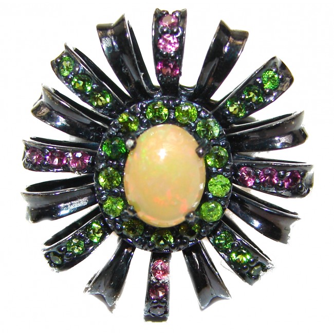 Dazzling natural Mexican Precious Ethiopian Opal black rhodium over .925 Sterling Silver handcrafted ring size 7 1/2