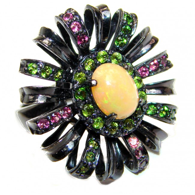 Dazzling natural Mexican Precious Ethiopian Opal black rhodium over .925 Sterling Silver handcrafted ring size 7 1/2