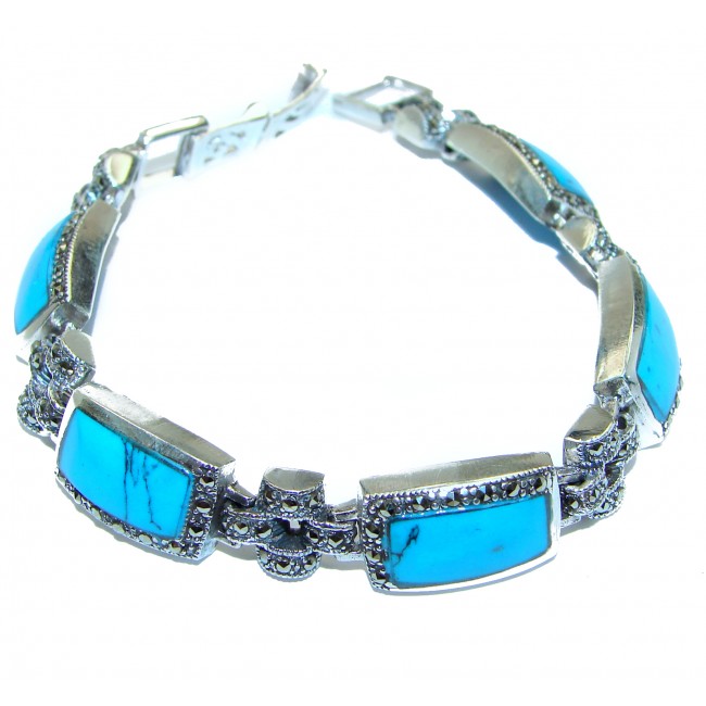 Genuine Sleeping Beauty Turquoise Two Tones Sterling Silver Bracelet / Cuff
