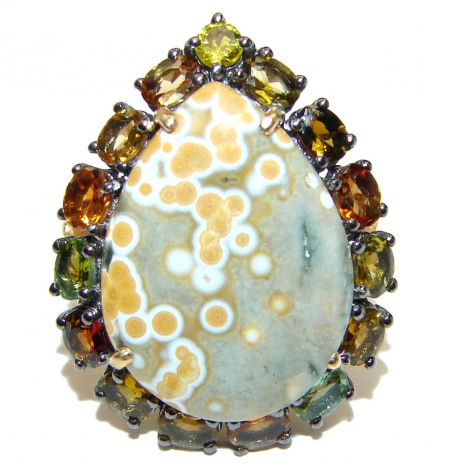 Great Ocean Jasper Tourmaline 14K Gold over .925 Sterling Silver handcrafted Ring s. 8 1/4
