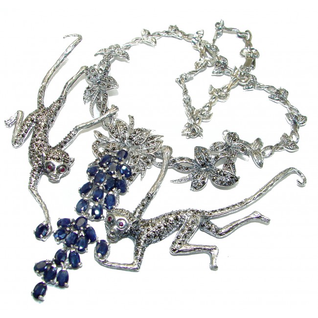 Playing Monkey Sapphire Marcasite .925 Sterling Silver handcrafted Necklace