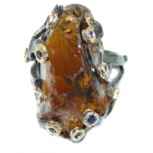 Huge Rough Smoky Topaz Two Tones .925 Sterling Silver handcrafted ring s. 6 1/4
