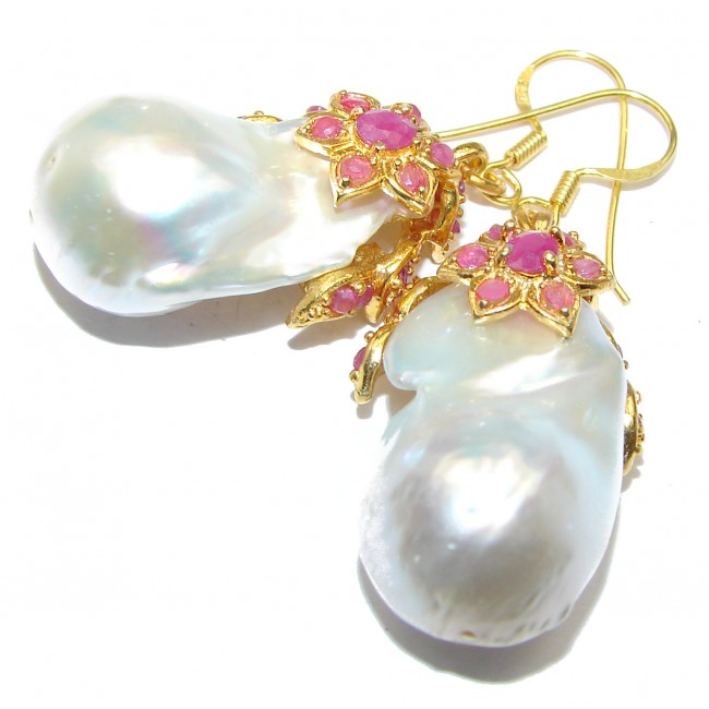 Huge Baroque Style Mother of Pearl 14K Gold over .925 Sterling Silver handmade earrings