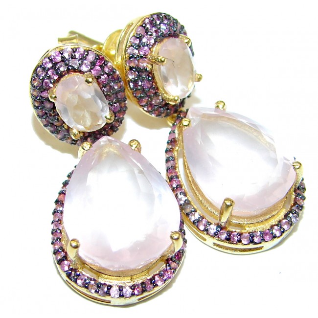 Ultra-classy and feminine Rose Quartz Pink Sapphire Rose 24K Gold over .925 Sterling Silver handmade earrings