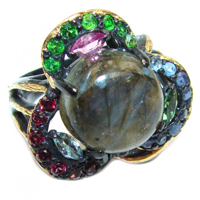 Large Fire Labradorite Gold black rhodium over .925 Sterling Silver handmade ring size 9