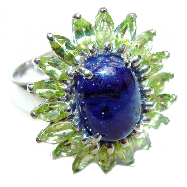 Genuine Sapphire Peridot .925 Sterling Silver handmade Cocktail Ring s. 8 1/4