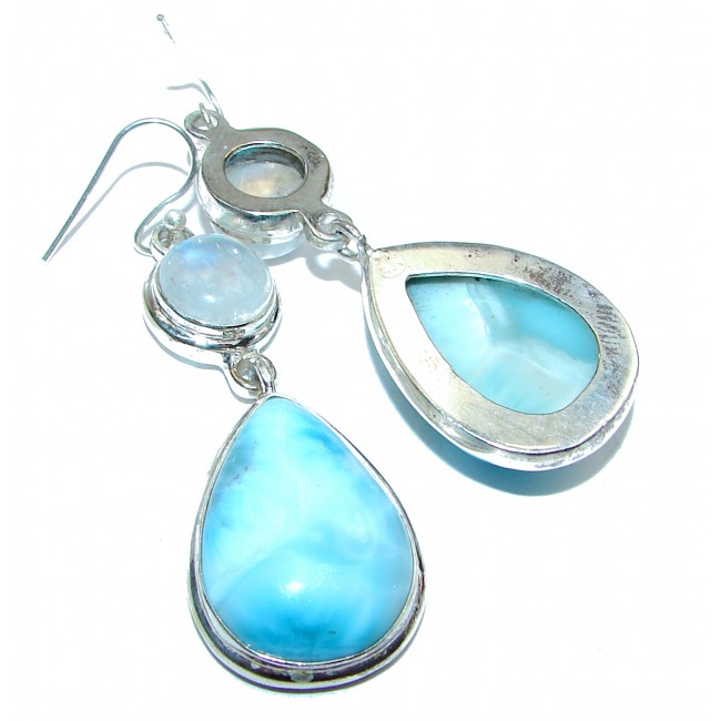 Large Blue Larimar Fire Moonstone .925 Sterling Silver handcrafted earrings
