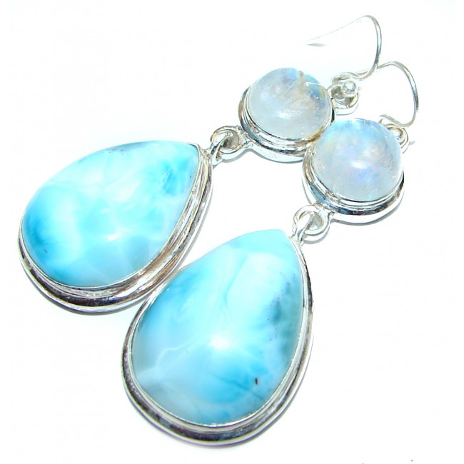 Large Blue Larimar Fire Moonstone .925 Sterling Silver handcrafted earrings