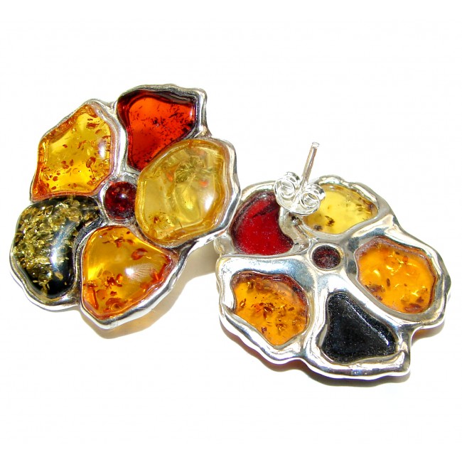 Masterpiece Genuine carved Flowers Baltic Amber 18K Gold over .925 Sterling Silver Earrings