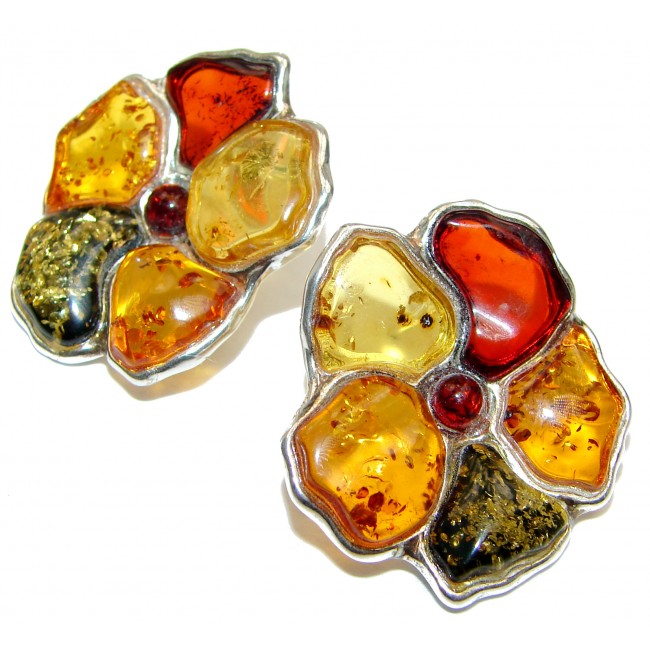 Masterpiece Genuine carved Flowers Baltic Amber 18K Gold over .925 Sterling Silver Earrings