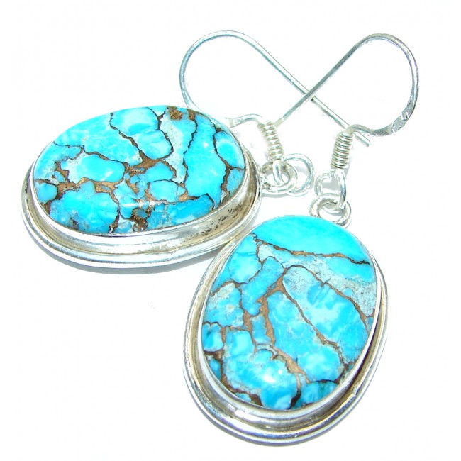 Large Solid Copper vains in Blue Turquoise .925 Sterling Silver earrings