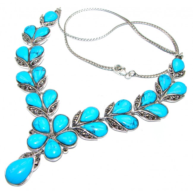 Posh large Turquoise Marcasite .925 Sterling Silver handcrafted necklace