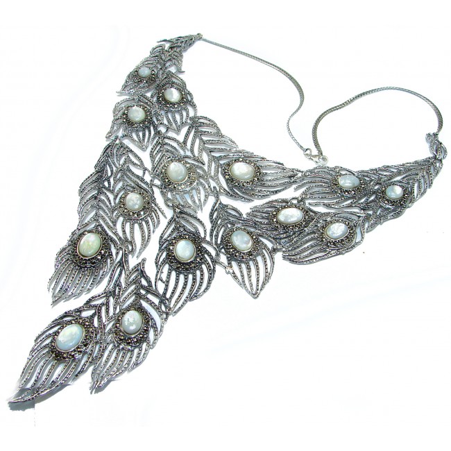 HUGE 103.9 grams Peacock Feather design genuine Mother of Pearl .925 Sterling Silver handcrafted Necklace