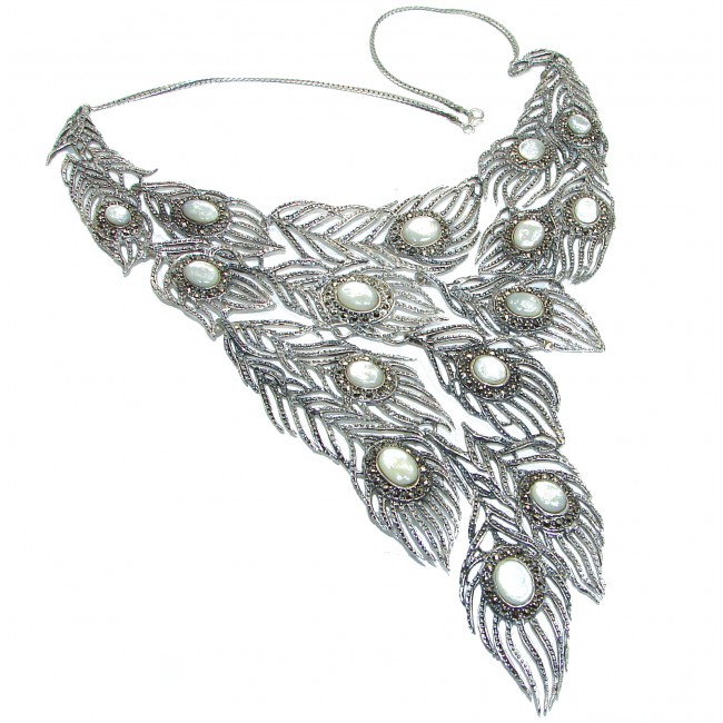 HUGE 103.9 grams Peacock Feather design genuine Mother of Pearl .925 Sterling Silver handcrafted Necklace
