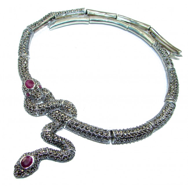 Two Serpent Snakes genuine Ruby Marcasite .925 Sterling Silver necklace