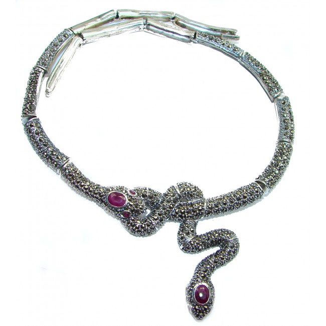 Two Serpent Snakes genuine Ruby Marcasite .925 Sterling Silver necklace