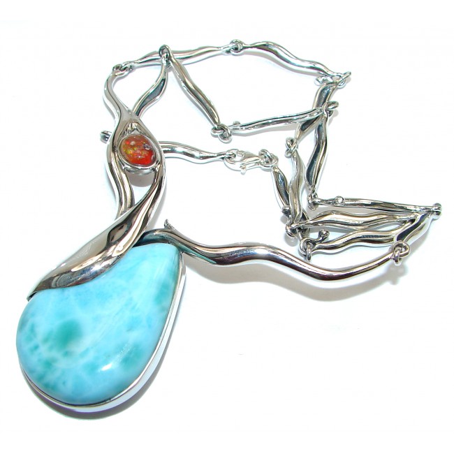 Great large Masterpiece genuine Larimar Mexican Fire Opal .925 Sterling Silver handmade necklace